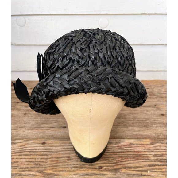 Vintage 1960s Black Raffia Straw Raffia Cloche' Womens Hat MOD - Picture 13 of 13